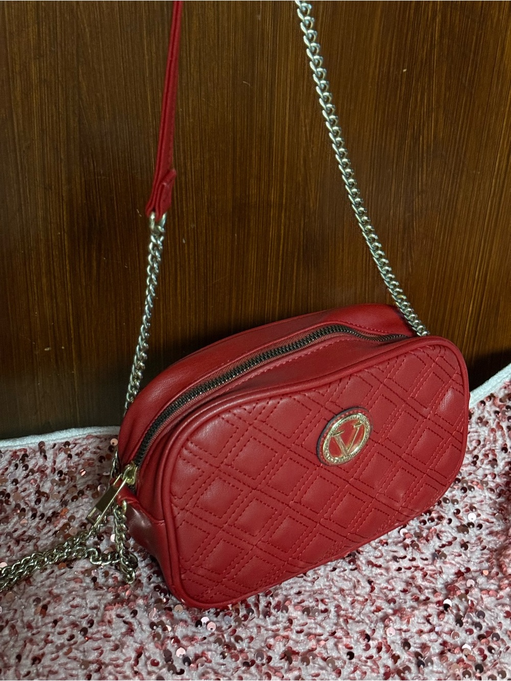 Red Quilted Crossbody Bag with Chain Strap